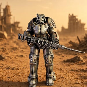 May include: A metallic power armour suit featuring a weathered, dark grey finish with bronze accents. The suit includes a helmet with a central visor, shoulder pauldrons, and articulated leg plating. It holds a long, industrial-style rifle.