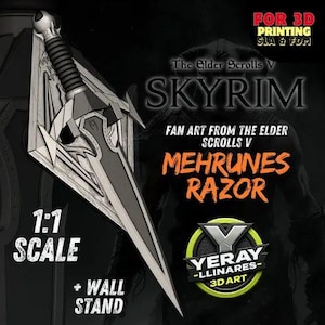 May include: A 1:1 scale Mehrunes Razor fan art replica from The Elder Scrolls V: Skyrim. The sword features a silver blade and guard with a black handle. The image includes text that says "For 3D Printing SLA & FDM" and "Yeray-Llinares-3D Art."