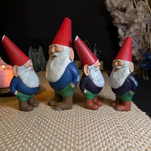 Puede incluir: Cuatro gnomos de jardín de cerámica. Cada gnomo lleva un gorro puntiagudo rojo, una chaqueta azul, pantalones verdes y botas marrones. Tienen barbas blancas y están sobre una superficie beige.