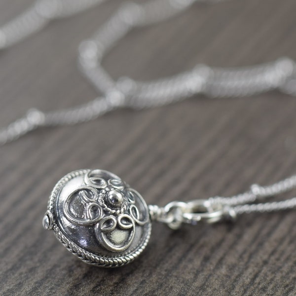 Bohemian sterling silver necklace OR pendant, Bali style filigree rounded disc pendant, Mothers day gifts for her, Ready to Ship