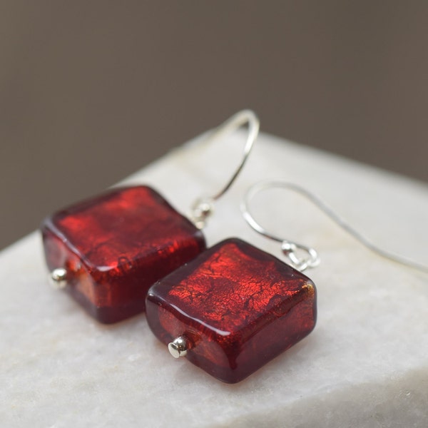 Garnet Red Murano glass earrings, January birthstone jewelry, Square shape dangle earrings, Mothers day gifts for her