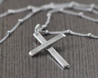 Mens cross necklace made of sterling silver, Unisex silver crucifix pendant, wood grain jewelry, Mothers day gifts for him