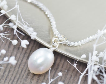 White Pearl Pendant necklace on sterling silver chain, Mothers day jewelry gifts for her
