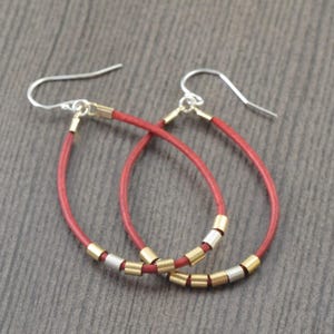 Red Leather hoop earrings with gold and sterling silver accents, gifts for her