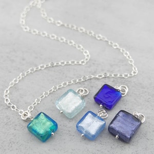 Murano glass pendant necklace in Aquamarine, Teal Blue, Light Blue, Electric Blue and Purple Murano on sterling silver chain, gifts for her