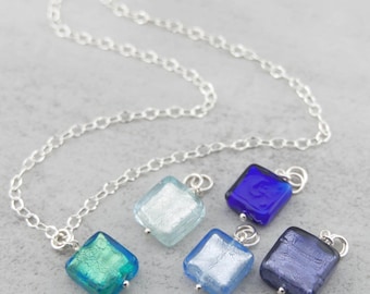 Murano Glass Pendant Necklace in Aquamarine, Teal Blue, Light Blue