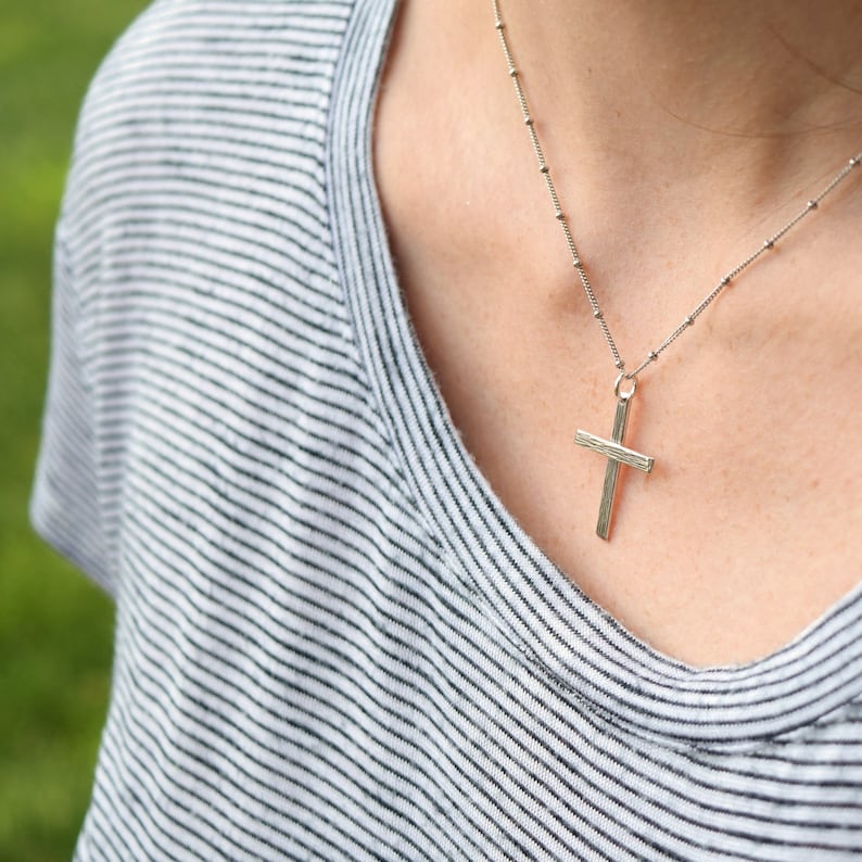 Handmade Sterling silver cross necklace, Handcrafted crucifix necklace, unisex cross necklace gifts for her or him, wood grain texture