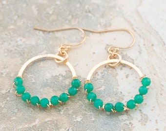 Green Onyx beaded earrings wrapped with gold-filled wires, gifts for her, May alternative birthstone