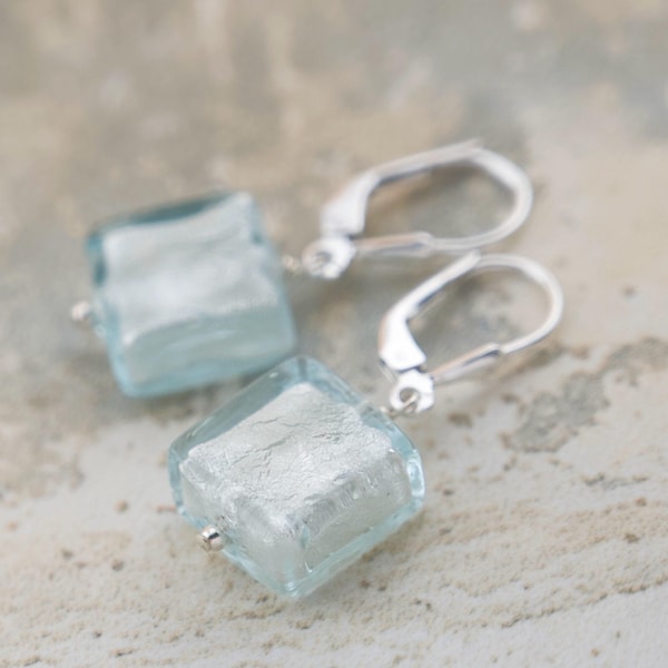 Aquamarine Murano glass earrings, Light blue Venetian glass, March birthstone gifts for her