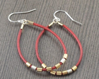 Red Leather hoop earrings with gold and sterling silver accents, Mothers day gifts for her