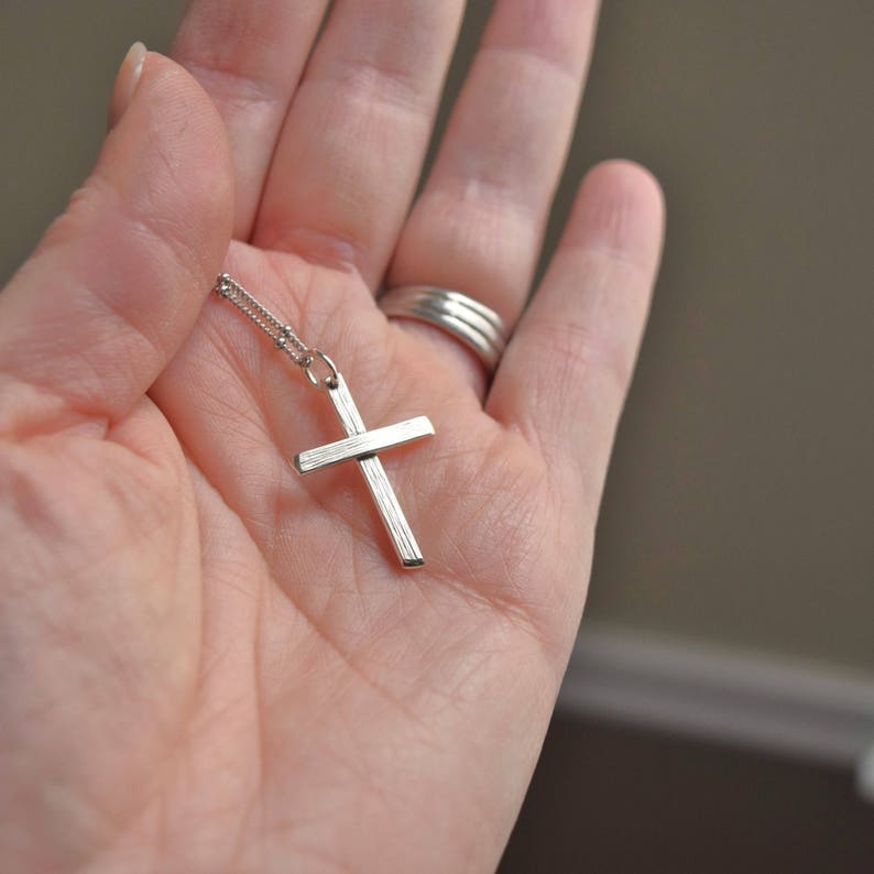 Handmade Sterling silver cross necklace, Handcrafted crucifix necklace, unisex cross necklace gifts for her or him, wood grain texture