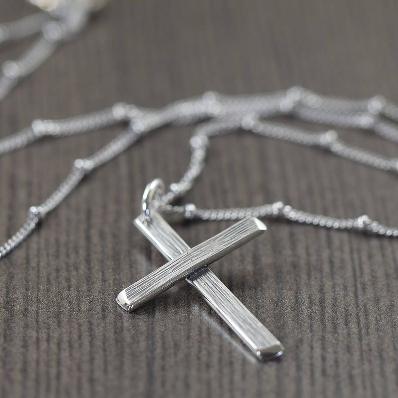 Handmade Sterling silver cross necklace, Handcrafted crucifix necklace, unisex cross necklace gifts for her or him, wood grain texture