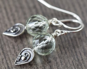 Sterling silver Green Amethyst and Bali Floral design earrings, Easter gifts for her, Ready to Ship