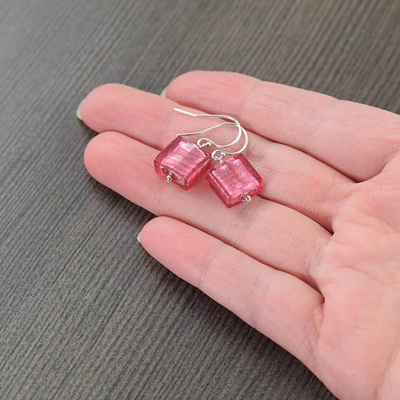 Ruby pink Murano glass earrings, July birthstone, Venetian glass earrings, gifts for her