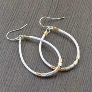 White Leather hoop earrings with gold and sterling silver accents, gifts for her