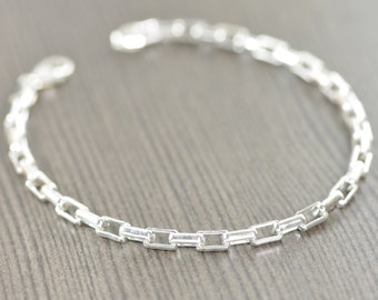 Sterling silver Long box Chain bracelet, Made in Italy, 7 inch and 8 inch unisex bracelet, mens jewelry gifts