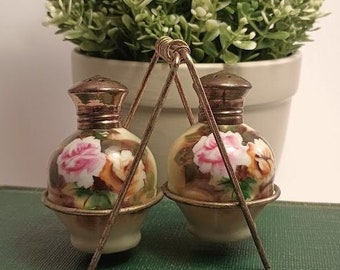 Vintage Floral Hand Painted Enesco Salt and Pepper Shakers with Stand