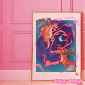 May include: A digital illustration of two orange and red dragons flying in a galaxy with a crescent moon. The dragons are surrounded by swirling pink and blue clouds.