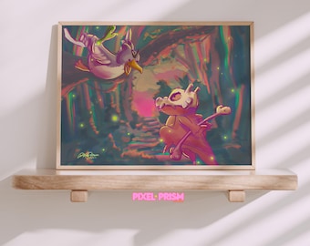 Impresión artística original de Cubone y Farfetch'd: Enfrentamiento en el bosque