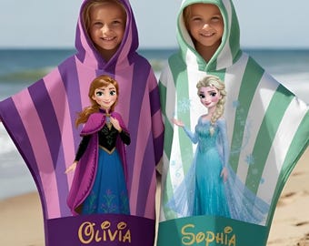 Gepersonaliseerde Elsa Anna handdoek met capuchon, aangepaste Disney Frozen strandlaken, preppy esthetische handdoek met capuchon, gestreept patroon zomervakantie cadeau