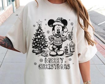 Vintage Retro Disney Christmas Shirt, Mickey Santa Shirt, Mickey Minnie Shirt, Disneyland Christmas Party, Disney Couple Trip Matching Tee