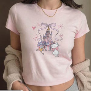 Camiseta vintage para bebé con lazo de castillo de Disney de Marie Cat, camiseta corta de Disney para mujer, linda camiseta juvenil de Disney, camiseta de Los Aristogatos