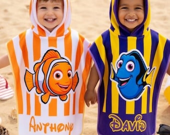 Personalized Nemo Dory Hooded Towel, Custom Disney Preppy Kids Beach Towel, Striped Hooded Towel, Finding Nemo Gift