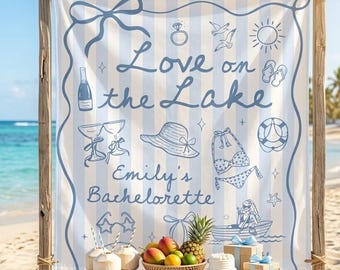 Banner personalizado "Amor en el lago" para despedida de soltera, tapiz a rayas para fiesta de despedida de soltera, letrero "Viaje de chicas 2026 Fin de semana en el lago", decoración para novias con temática costera.