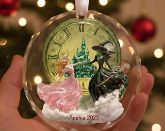 Adorno personalizado de Wicked 2025, adorno navideño de Elphaba y Glinda, regalo musical de Wicked, adorno de fantasía de Ciudad Esmeralda