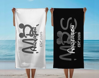 Custom Disney Mr. and Mrs Couple Towel, Disney Honeymoon Trip, Just Married Bride Towel, Couple Beach Towel, Newlywed Towel Gift