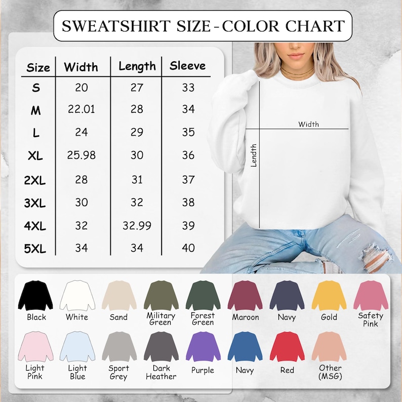 Op de afbeelding: Een witte sweatshirt maat- en kleurentabel. De tabel toont maten S tot 5XL met bijbehorende breedte-, lengte- en mouwmaten in cm. Kleuropties zijn zwart, wit, zand, legergroen, bosgroen, bordeauxrood, marine, goud en veiligheidsroze.