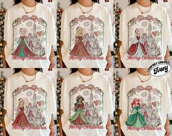 Disney Prinzessinnen Weihnachtsshirt, Retro Merry Christmas Castle T-Shirt, Elsa Aurora Aschenputtel Belle Jasmin Ariel Urlaub, BTW Weihnachten Familiengeschenk