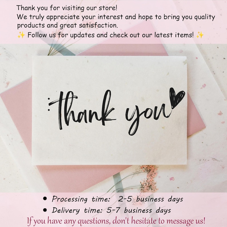May include: A rectangular off-white card with a textured surface featuring the black handwritten-style text thank you and a small black heart symbol. The card is placed on top of a light pink envelope, creating a simple and clean visual presentation.