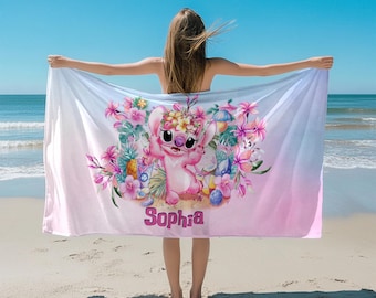 Custom Cute Angel Floral Beach Towel, Disney Kid Towel Gift, Stitch Angel Bath Pool  Towel, Disney Custom Name Towel, Disneyland Towel