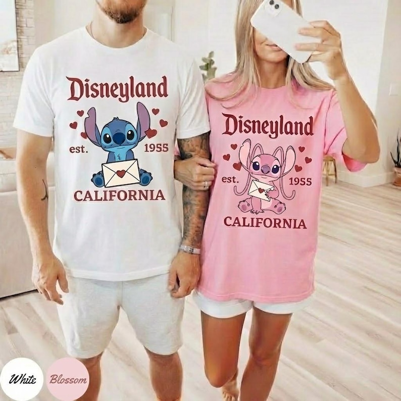 Bijpassend shirt Disneyland koppel, Stitch Angel Love-shirt, bijpassende paar T-shirts, outfit Disney-reis, Valentijn Disney-shirt, cadeau paar Blossom/Light Pink