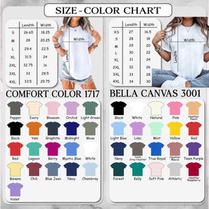 Op de afbeelding: Een maat- en kleurentabel voor t-shirts, met afmetingen in centimeters en een breed scala aan kleuren. De tabel bevat twee verschillende soorten stof: Comfort Color 1717 en Bella Canvas 3001, met diverse kleuropties.