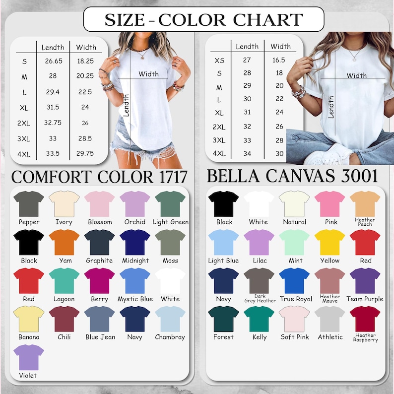 Op de afbeelding: Een maat- en kleurentabel voor t-shirts, met afmetingen in centimeters en een breed scala aan kleuren. De tabel bevat twee verschillende soorten stof: Comfort Color 1717 en Bella Canvas 3001, met diverse kleuropties.