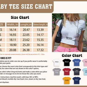 May include: Size chart for a baby tee with measurements in inches for width, length, and sleeve length. The chart includes sizes XS, S, M, L, and XL. Color chart shows different colors available for the tee: white, black, royal blue, pink, sport grey, red, dark heather, light blue, gold, and navy.