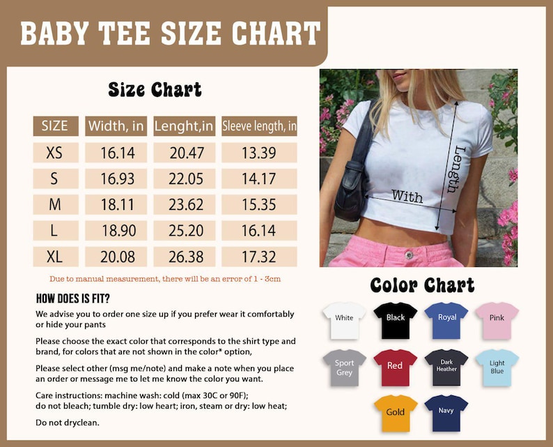 May include: Size chart for a baby tee with measurements in inches for width, length, and sleeve length. The chart includes sizes XS, S, M, L, and XL. Color chart shows different colors available for the tee: white, black, royal blue, pink, sport grey, red, dark heather, light blue, gold, and navy.