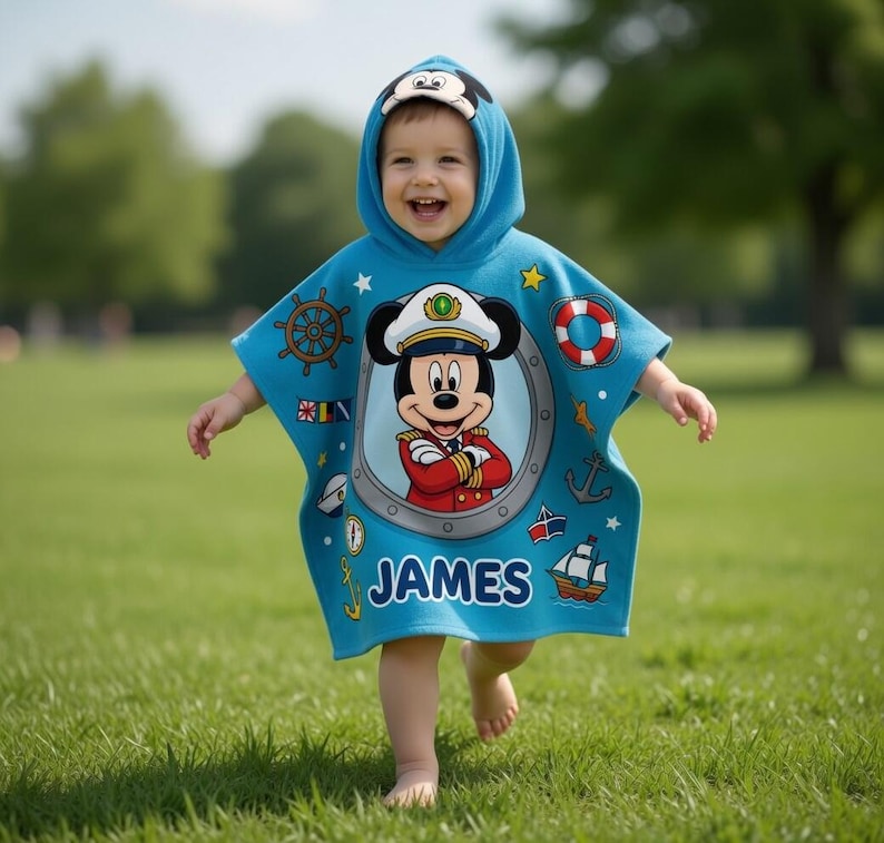 Op de afbeelding: Een lichtblauwe poncho met capuchon met een lachend kind. De poncho heeft een Mickey Mouse-ontwerp in een patrijspoort, nautische elementen en de naam "JAMES". De capuchon is versierd met een Mickey Mouse-gezicht.