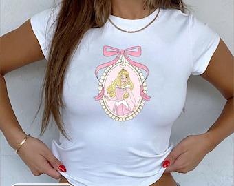 Retro Coquette Bows Aurora Princess Crop Tee, Disney Princess Baby Tee, Princess Birthday Girl Shirt, Disney Girly Shirt, Baby Tee Crop Top