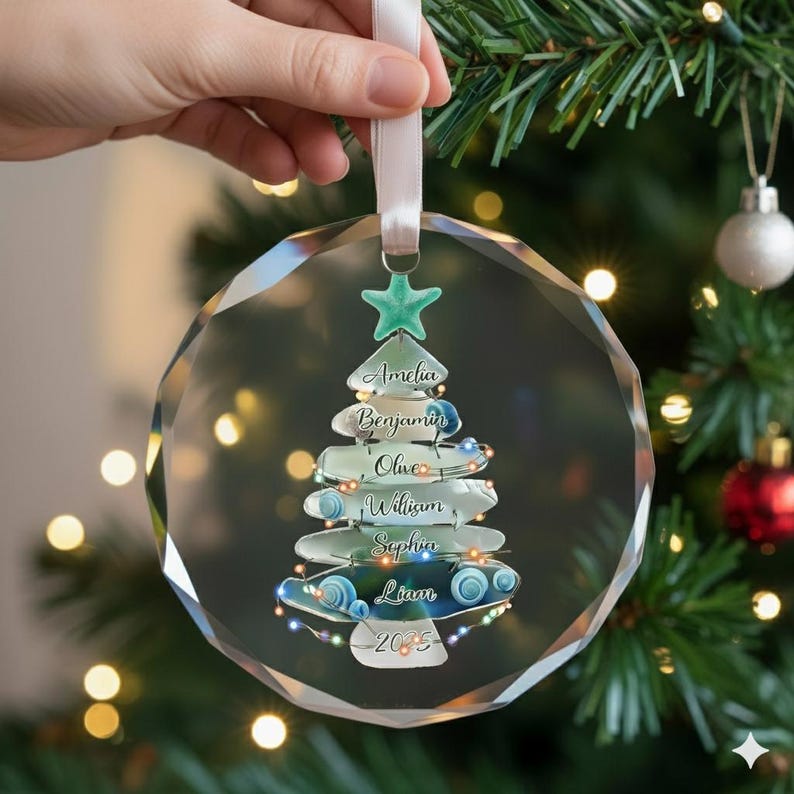 Custom Sea Glass Family Tree Ornament 2025, Personalized Christmas Tree ...