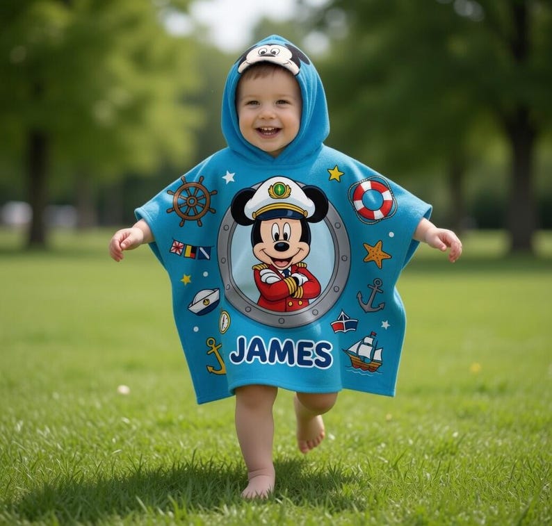 Op de afbeelding: Een lichtblauwe poncho met capuchon met een lachend Mickey Mouse kapitein-ontwerp. De poncho heeft nautische versieringen, waaronder een scheepsstuur, anker en een reddingsboei. De naam "JAMES" staat op de voorkant.