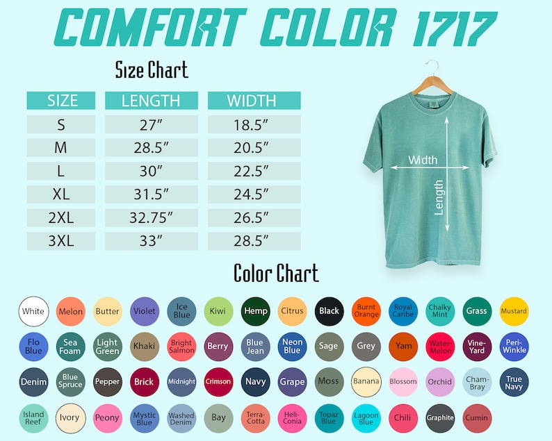 K&ouml;nnte beinhalten: Eine Gr&ouml;&szlig;entabelle und eine Farbtabelle f&uuml;r ein T-Shirt. Die Gr&ouml;&szlig;entabelle zeigt die L&auml;nge und Breite des T-Shirts in Zoll f&uuml;r die Gr&ouml;&szlig;en S, M, L, XL, 2XL und 3XL. Die Farbtabelle zeigt eine Vielzahl von Farben f&uuml;r das T-Shirt, darunter Wei&szlig;, Melone, Butter, Violett, Eisblau, Kiwi, Hanf, Zitrus, Schwarz, gebrannte Orange, Royal Caribe, Kreideminze, Gras, Senf, Flo-Blau, Meeresschaum, Hellgr&uuml;n, Khaki, Lachsrosa, Beere, Jeansblau, Neonblau, Salbei, Grau, Yam, Wassermelone, Weinberg, Perlmutt, Denim, Blauer Fichten, Pfeffer, Ziegel, Mitternacht, Scharlachrot, Marineblau, Traube, Moos, Banane, Bl&uuml;te, Orchidee, Cham-Bray, Dunkelblau, Inselriff, Elfenbein, Pfingstrose, Mystisches Blau, Gebl&uuml;hter Denim, Bucht, Terrakotta, Heli-Conia, Topasblau, Lagunenblau, Chili, Graphit und K&uuml;mmel.