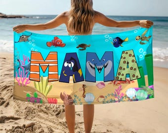 Toalla de playa personalizada de Disney Buscando a Nemo, toalla de playa para niños Marlin Dory Darla Bruce, regalo para amantes de Nemo, toalla de piscina para niños de Disney