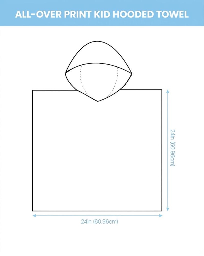 Puede incluir: Toalla con capucha blanca para ni&ntilde;os, con dimensiones de 60,96 cm por 60,96 cm. La toalla tiene una capucha y est&aacute; dise&ntilde;ada para impresi&oacute;n completa. El texto "ALL-OVER PRINT KID HOODED TOWEL" est&aacute; en la parte superior.