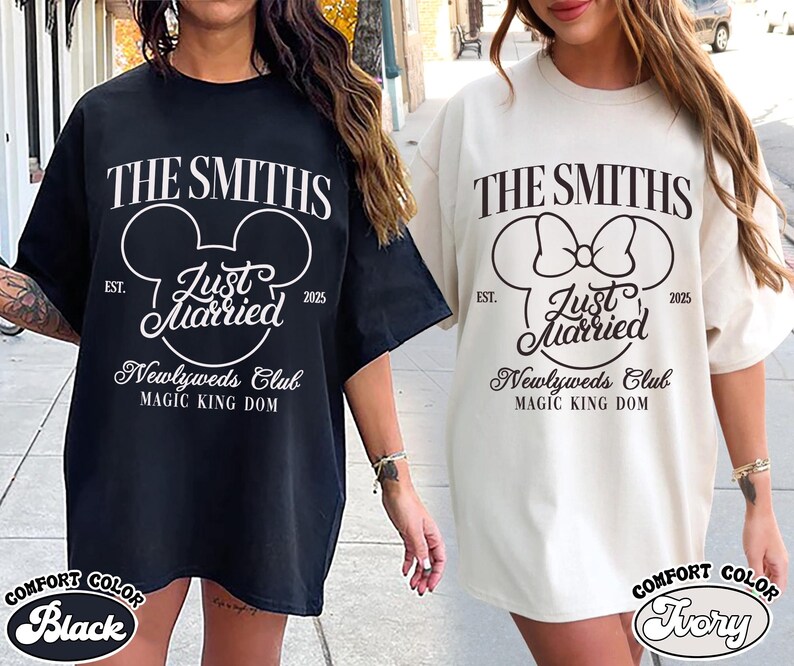 May include: Black and ivory Comfort Color t-shirts with the text "THE SMITHS" and "Just Married" in a Mickey Mouse-inspired design. The shirts also include "Newlyweds Club" and "MAGIC KING DOM" text, with the year "2025".