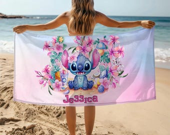 Custom Cute Stitch Beach Towel, Disney Kid Towel Gift, Stitch Lover Gift, Stitch Bath Towel, Custom Disney Beach Towel, Disneyworld Trip
