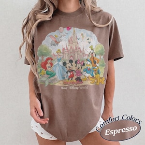 May include: A brown short-sleeve t-shirt featuring a graphic print of various cartoon characters in front of a castle. The text "Magic Kingdom" and "Walt Disney World" is printed below the characters. The shirt has a crew neckline and a relaxed fit.