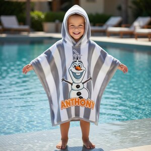 Personalized Olaf Sven Hooded Towel, Custom Disney Frozen Kids Towel, Preppy Aesthetic Hooded Towel, Striped Pattern Summer Vacation Gift image 2